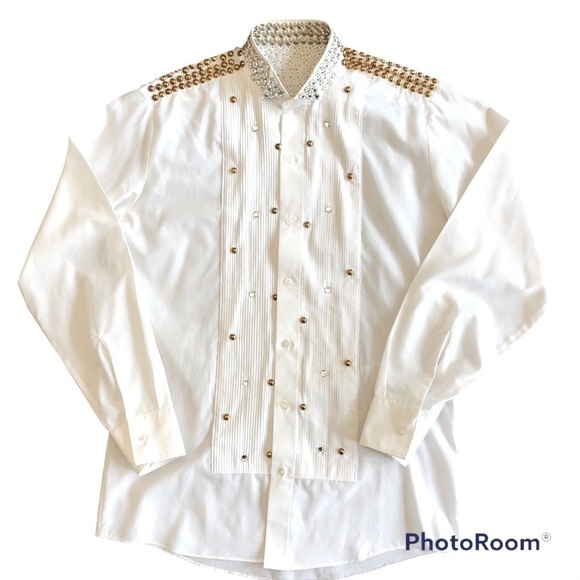 Cowgirl Fancy Western white button down blouse shirt Gold Embellishment Studs - Picture 2 of 15
